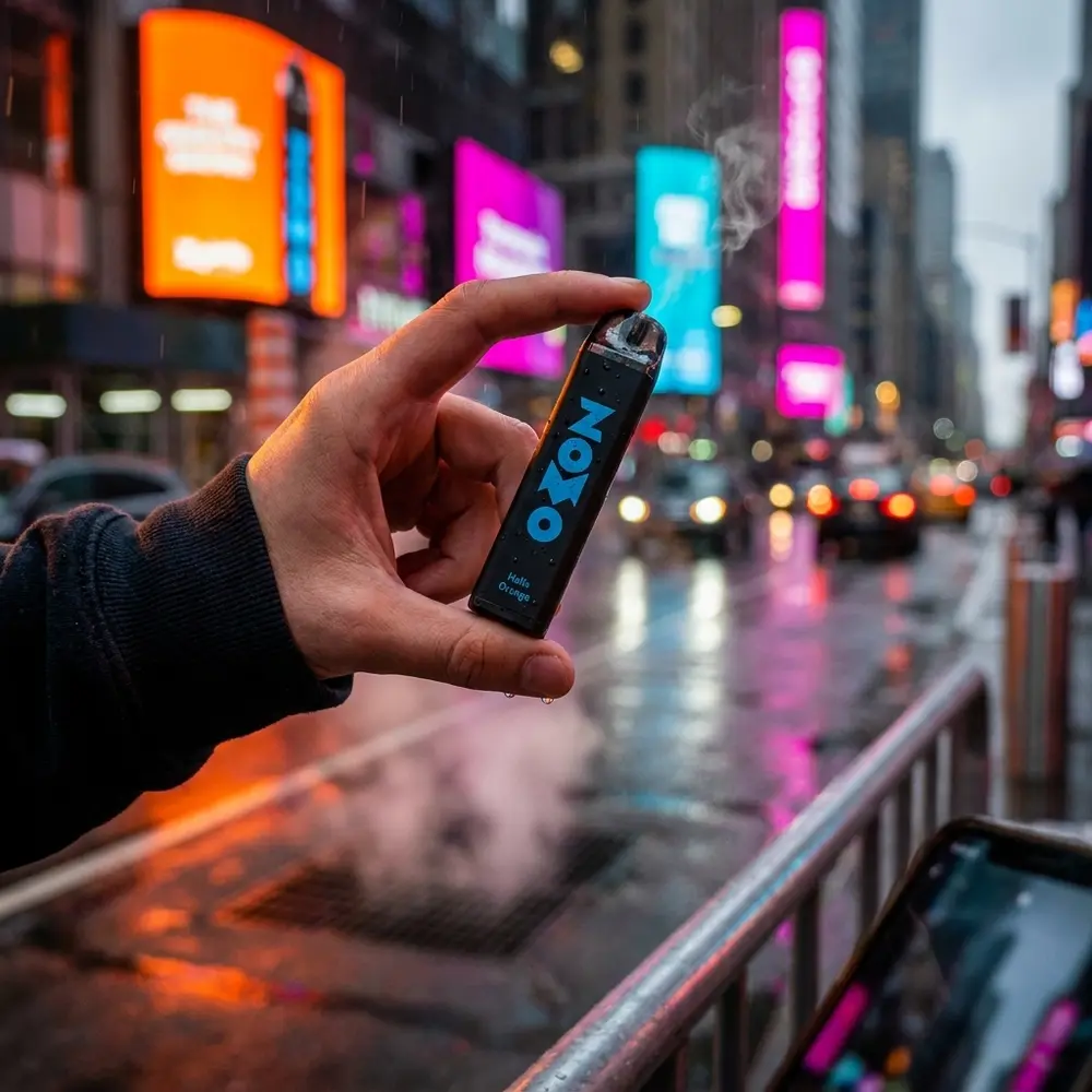Pod Zomo Party Halls Orange 800 puffs sendo segurado por uma mao numa rua urbana noturna com neon e chuva - Vapor Gringo