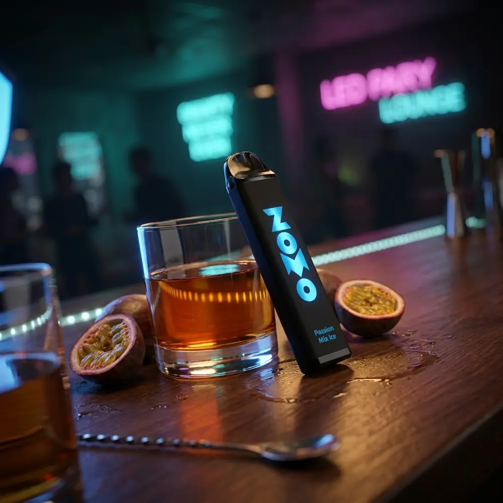Pod Zomo Party Passion Mix Ice apoiado em balcão de bar ao lado de um coquetel de maracuja com luzes de lounge ao fundo - Vapor Gringo