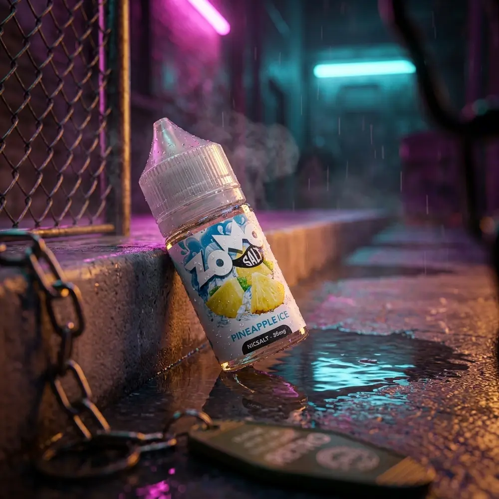 Frasco Zomo Salt Pineapple Ice apoiado em calçada molhada com reflexos neon magenta-ciano e fatia de abacaxi desfocada - Vapor Gringo