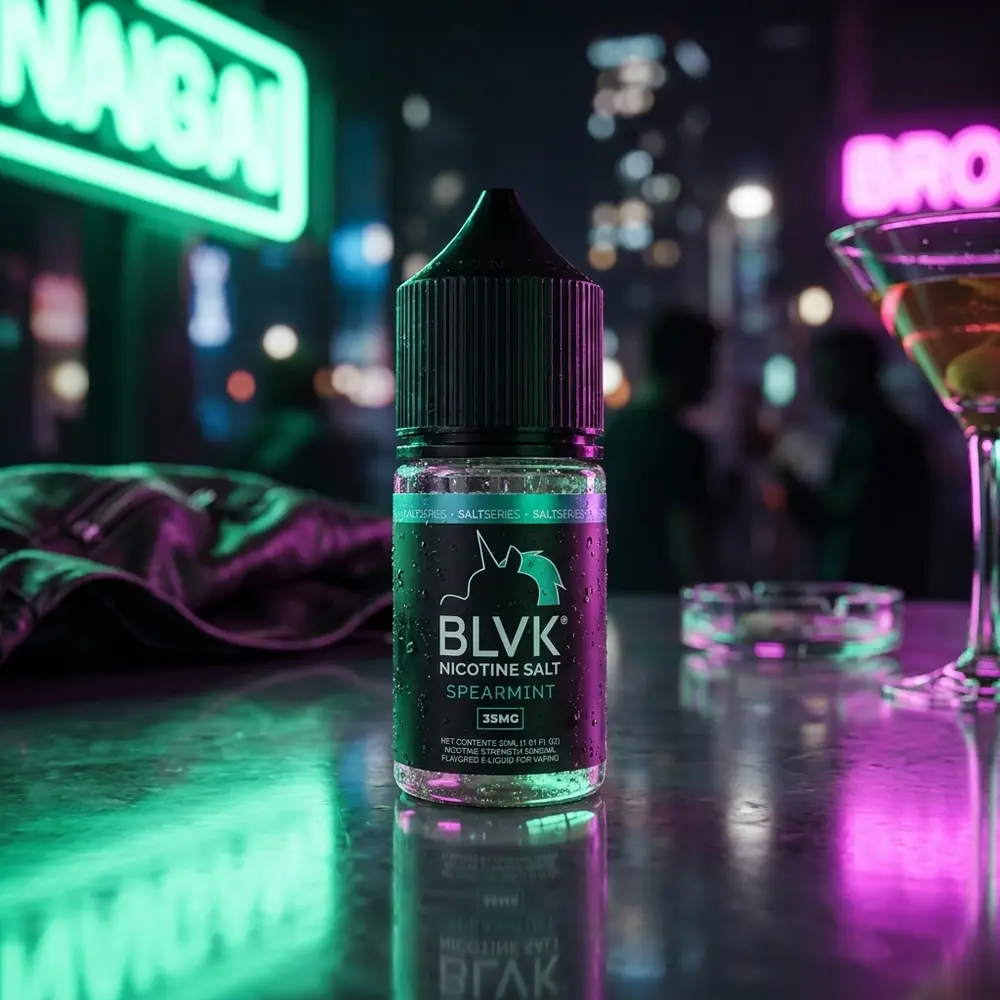 Frasco Blvk Unicorn Spearmint sobre balcao neon em cena urbana noturna com reflexos e condensacao - Vapor Gringo