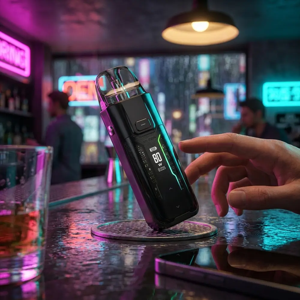 Kit Pod Luxe XR Max em bancada molhada com reflexos de neon urbano e objetos de lifestyle ao redor - Vapor Gringo