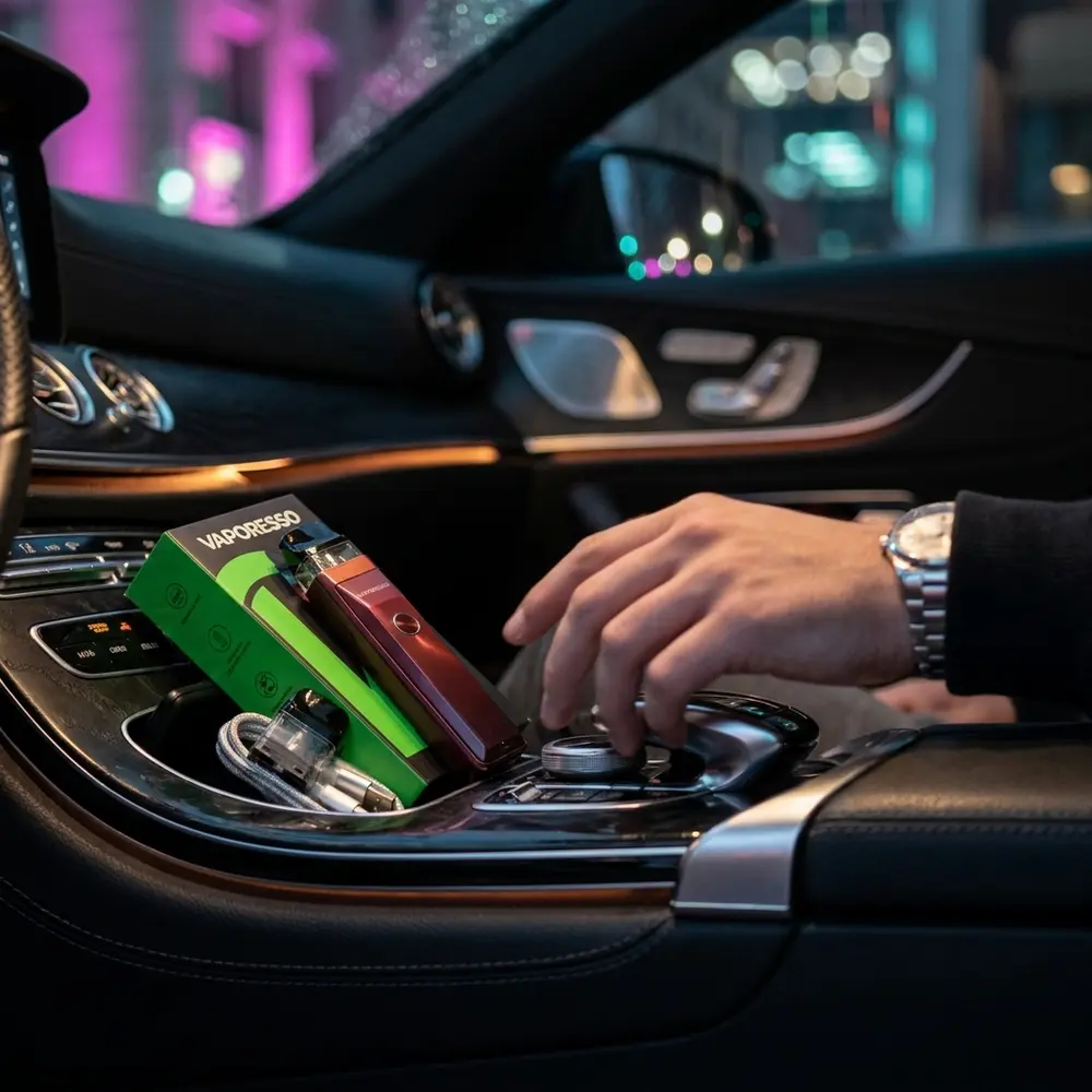 Kit Pod Xros Pro apoiado no console de carro de luxo com couro e luzes da cidade em bokeh ao fundo - Vapor Gringo