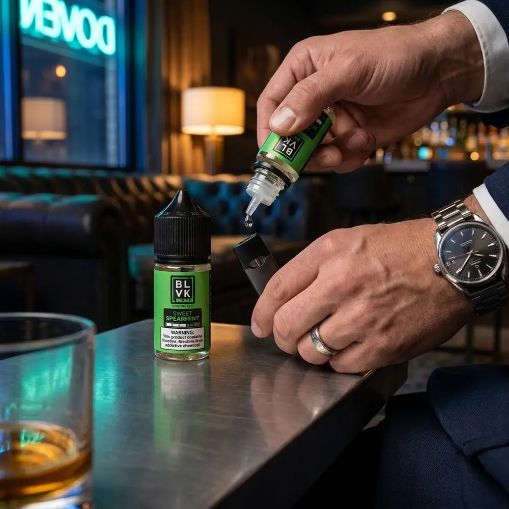 Garrafa BLVK LMTD Sweet Spearmint sendo usada para pingar líquido em pod num lounge urbano com bokeh - Vapor Gringo