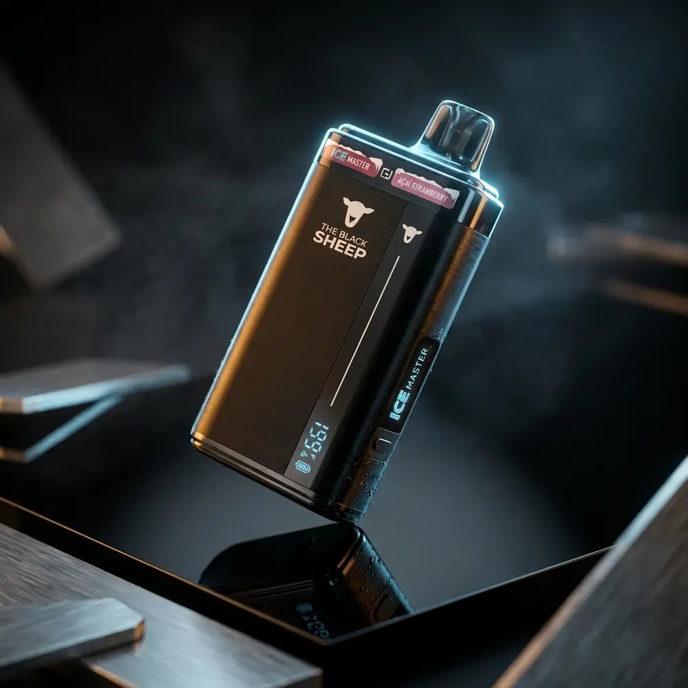 Pod descartável Ice Master 40000 The Black Sheep suspenso em estúdio escuro com reflexos e condensação - Vapor Gringo