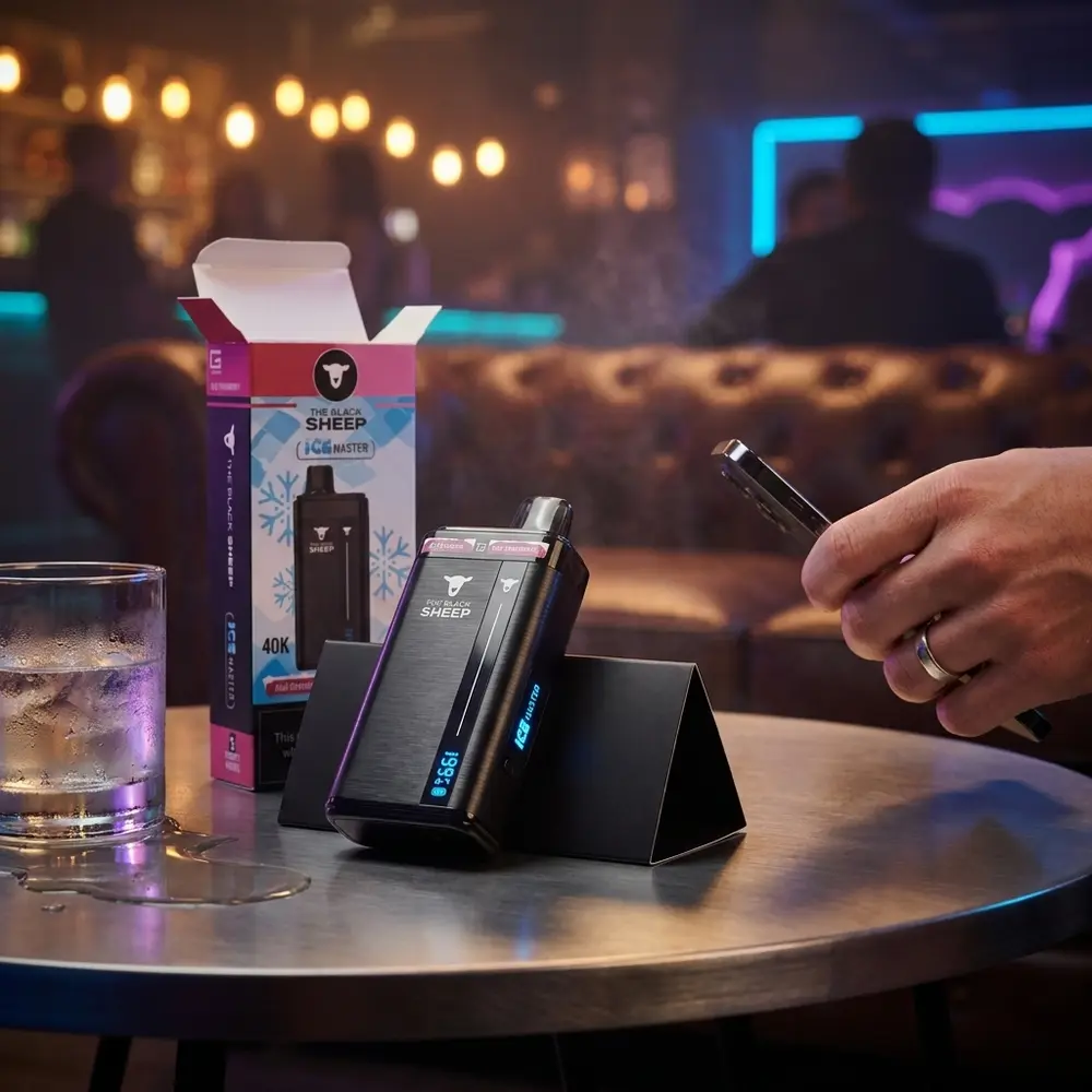 Pod Descartável The Black Sheep em lounge luxuoso sobre mesa metálica com luzes neon ao fundo - Vapor Gringo