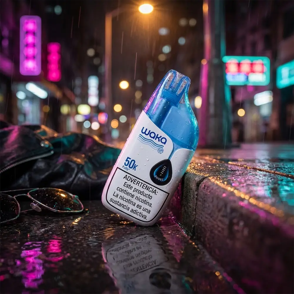 Pod descartavel Waka Iken apoiado em parapeito molhado, rua noturna com neon desfocado e objetos urbanos - Vapor Gringo