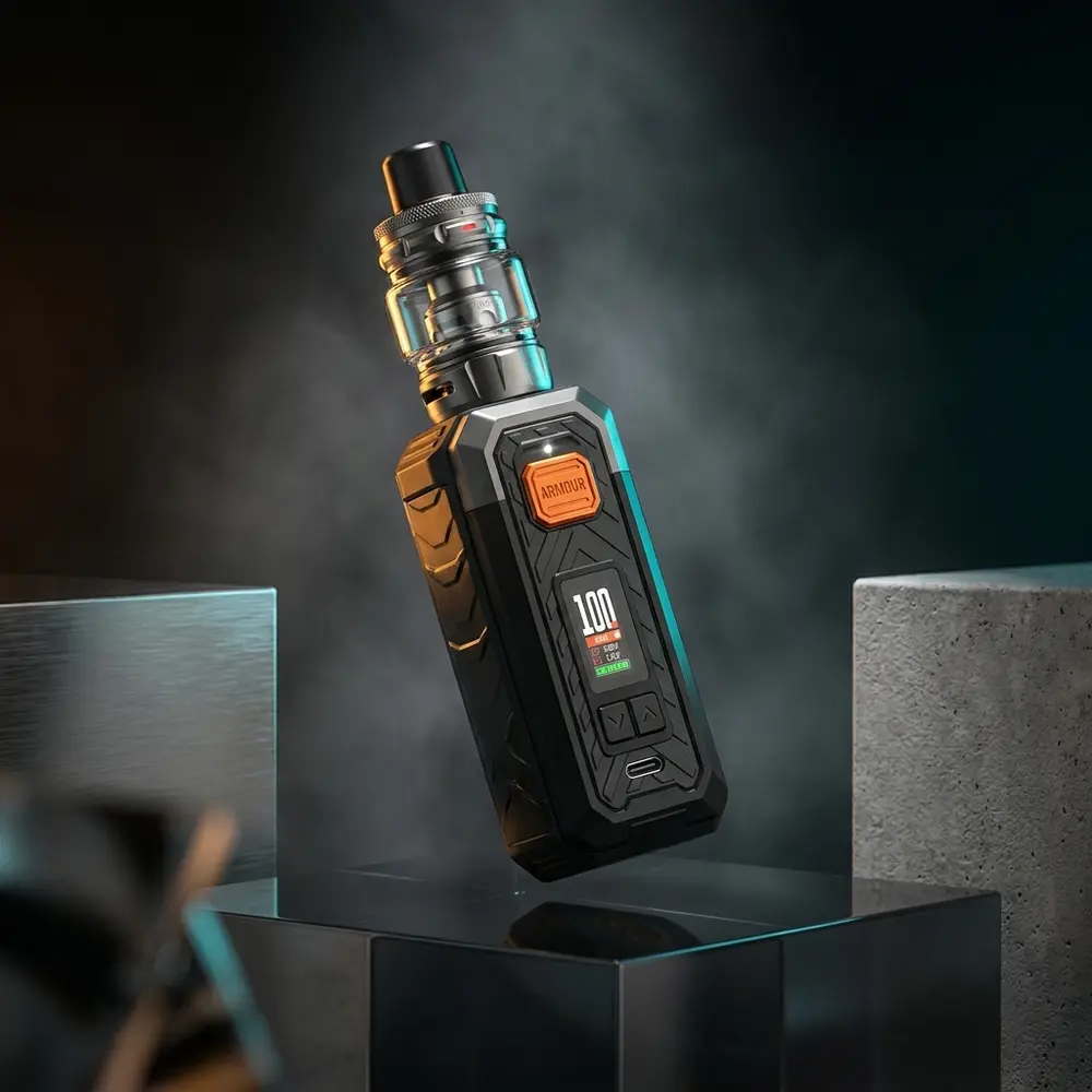 Vaporesso Armour S preto apoiado em base acrilica escura, reflexos metalicos e luzes quentes e frias ao redor - Vapor Gringo