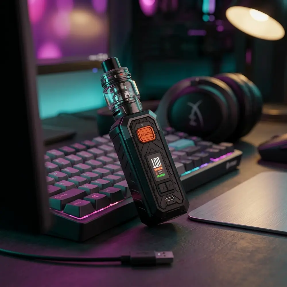 Vaporesso Armour S verde apoiado num teclado RGB com fones e luzes de gabinete ao fundo - Vapor Gringo